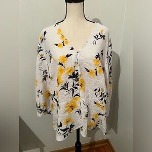 Liz Claiborne Top Womens XL 3/4” Button Peplum Floral Yellow Black White NWT